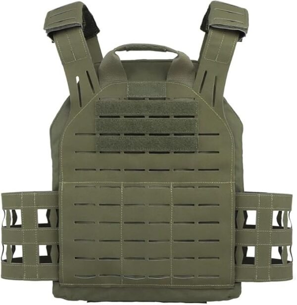 KDTAC Tactical Vest Back Panel Close-Up - 500D Laser-Cut Ranger Green Fabric with MIL-SPEC MOLLE Front Plate & Ergonomic Ventilation Design