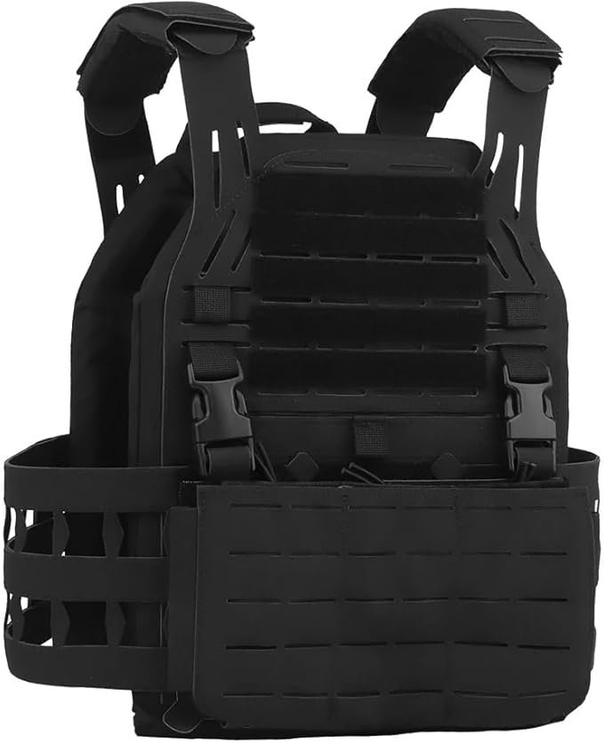 KDTAC Laser-Cut MOLLE Tactical Vest Survival Tactical Vest (Black) - 500D Laser-Cut MOLLE Front Panel with Ergonomic Multi-Pocket System | Lightweight Modular Plate Carrier for Airsoft & Outdoor Protection